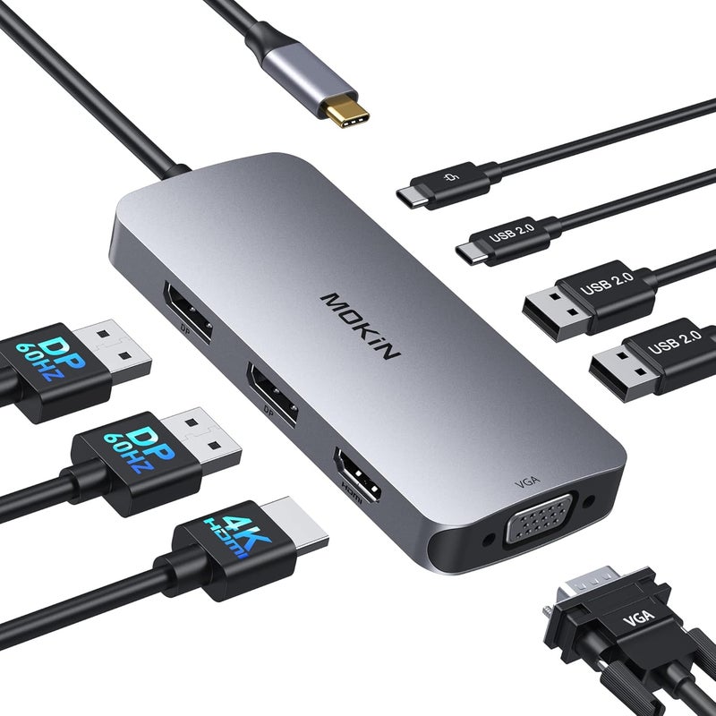 Mokin محطة إرساء USB C مع عرض مزدوج، 8 في 1 محور USB مع 2 DP، HDMI، VGA، USB C 2.0، A 2.0، منفذ شحن PD، محول متعدد الشاشات لأجهزة Dell/HP/Lenovo المحمولة - Image 1